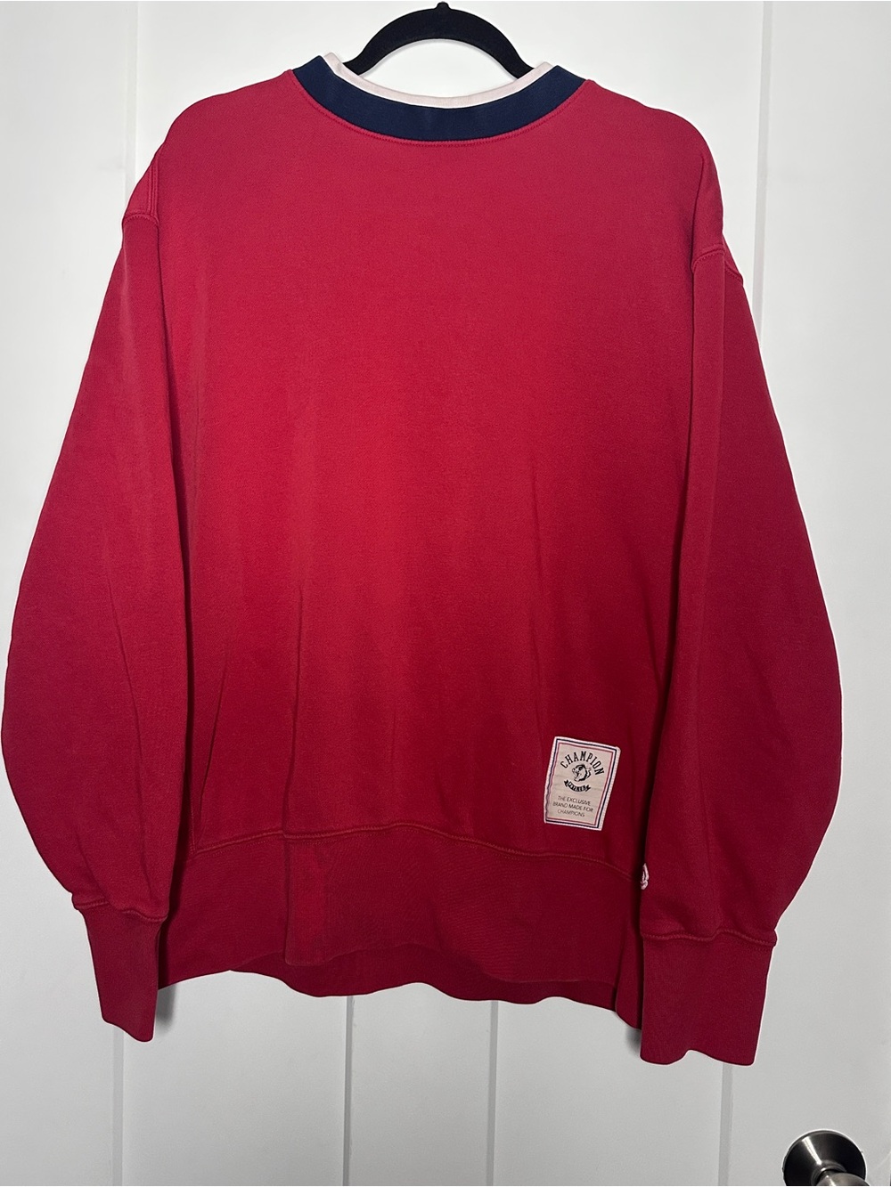 Champion Men's Red Crewneck Sweatshirt with Navy and White Neck Trim Cotton